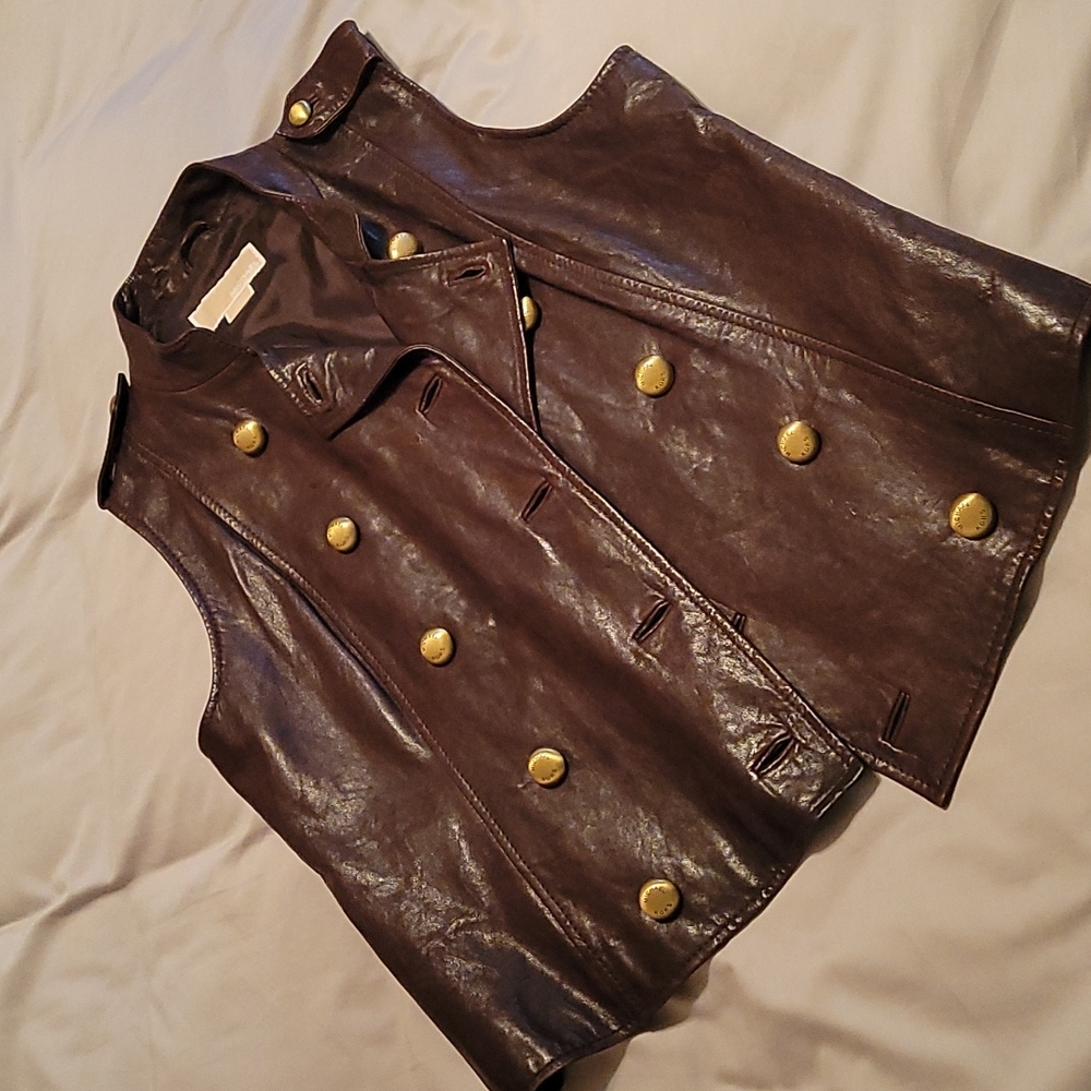 MICHAEL Michael Kors Brown Leather Vest with Gold Buttons